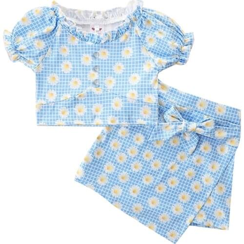 Pudcoco 1-6T 2Pcs Baby Girls Sunflower Floral Print Butterfly Blue Ruffes V-Neck Tops+A-Line Lace-Up Mini Bow Skirt Outfit Sets