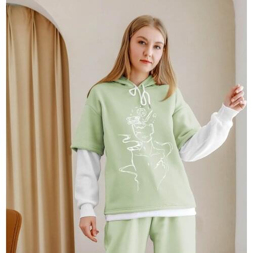 Womens Color Block Sweatshirt Simple Abstract Korean Creative Line Art No Pocket Drawstring Hooded Casual Warm Loose Pullovers