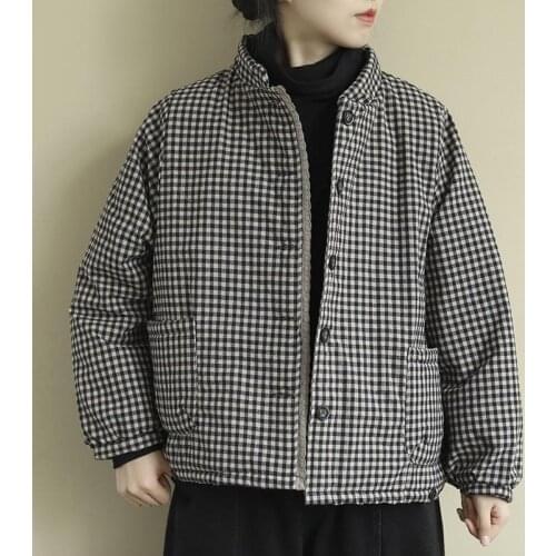 Women Vintage Plaid Parkas Button Cotton Blend Stand Pockets Autumn New Warm Wide-Waist Female Parkas Coats Female Outwear