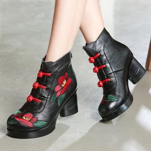 Floral Ankle Boots for Women 2021 Autumn Winter Genuine Leather Womens Boots Retro Handmade Comforable Shoes High Heels Booties