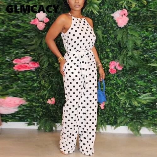 Women Casual Sleeveless Polka Dot Jumpsuits Halter Backless Long Pants Wide Leg Summer Jumpsuit