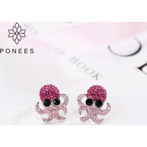 PONEES New Arrival Rhodium Cute Crystal Octopus Stud Earrings For Women Sea Animal Nice Fine Jewelry Fishing Octopus For Kids