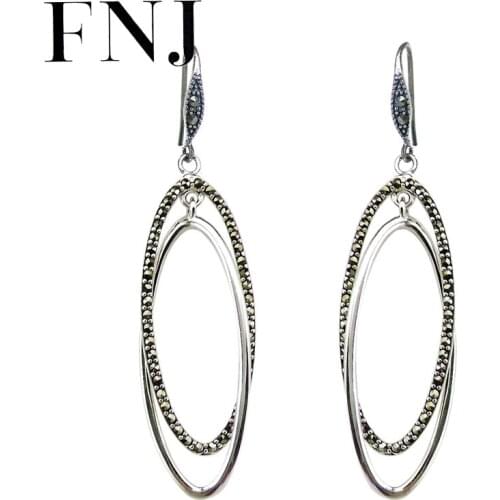 FNJ MARCASITE Earrings Vintage 925 Silver Original Pure S925 Sterling Silver Drop Earring for Women Jewelry