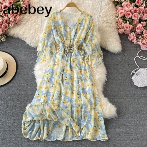 2021 New Summer French Vintage V-neck flare sleeve Dress high waist lace up waist floral mid-length A-line Dress