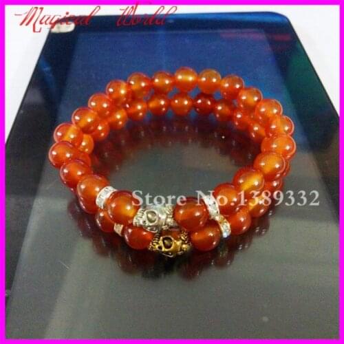 1Pc Beautiful Unisex Semi Precious Carnelian Red Gems Beads with Gold/Silver Color Skull Bracelet,Stretch Bracelet