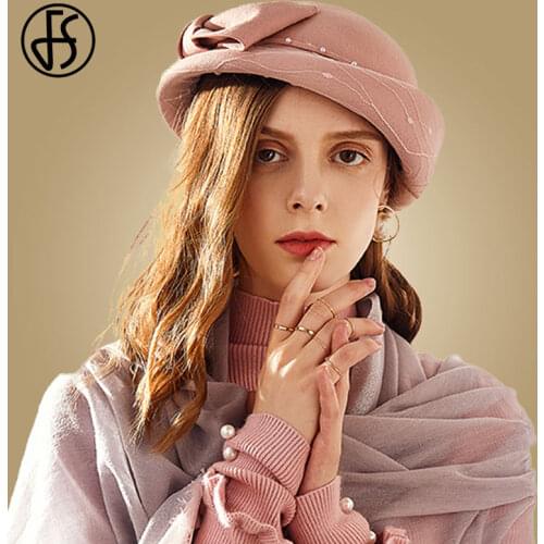 FS Womens Black Beret French Artist 100% Wool Winter Fedora Hat Retro Vintage Bowknot Berets Solid Color Elegant Lady Cloche Hat