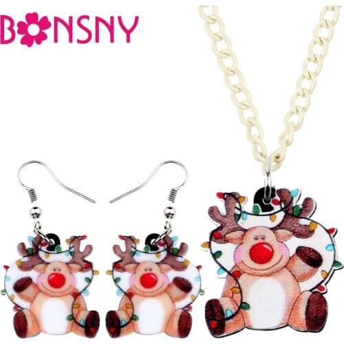 Bonsny Acrylic Christmas Anime Elk Deer Antler Jewelry Set Necklace Earrings Festival Decorations Jewelry Girls Charms Gift 2019