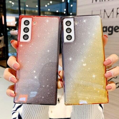Case For Samsung A51 A71 A42 A32 A52 A72 A50 A21S A31 S21 Plus S20 FE S10 S9 Plus Note 20 10 Gradient Glitter Square Back Cover