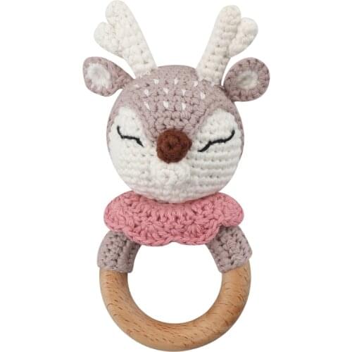 Baby Wooden Teether Ring DIY Crochet Deer Animal Rattle Infant Teething Nursing Soother Elk Rattle Educational Montessori Toy fo