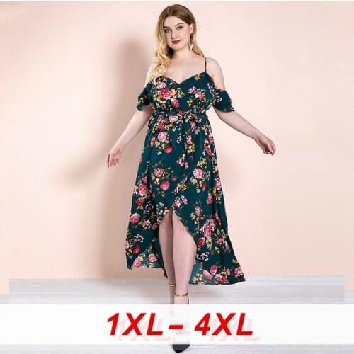 Womens Plus Size Print Flower Female Long Dress Women Large Ruffle Sleeve Casual Loose Women Sexy Halter Strapless Slit Dresses