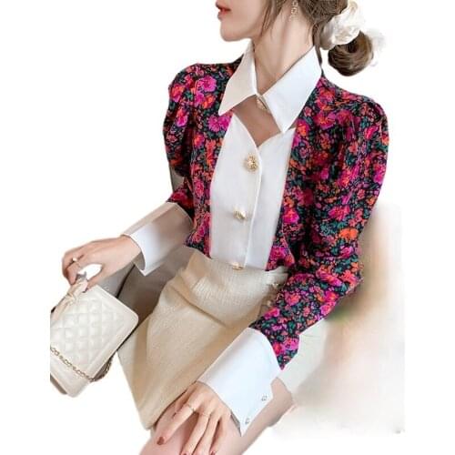 Elegant women floral shirts hollow out collar shirts women button up shirt korean fashion purple top shirt women