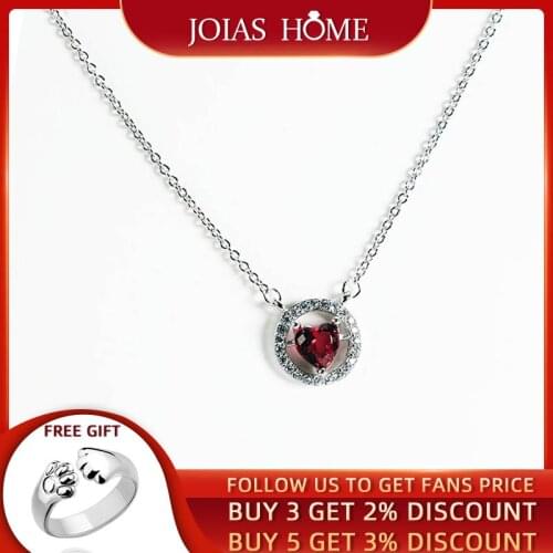 JoiasHome Delicate Silver 925 Jewelry Gemstones Pendant Necklace for Women Heart shaped Ruby Zircon Clavicle Chain Anniversary