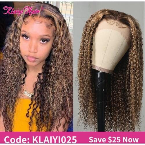 Klaiyi Hair Highlight Curly Lace Front Human Hair Wigs Brazilian Human Hair Lace Frontal wigs For Women Ombre Lace Front Wig