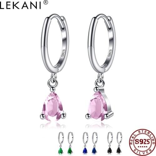 LEKANI S925 Sterling Silver Drop Earrings For Women Inlay Big Cubic Zirconia Four Colorful Choose Birthday Party Fine Jewelry