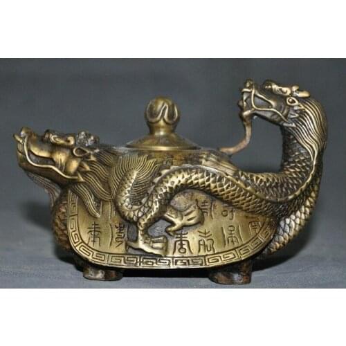 Marked old Chinese bronze Text word Dragon turtle statue Teapot tea tea maker