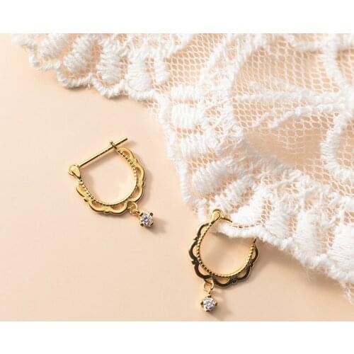 Delicate Bohemia 925 Sterling Silver Earring Hoops Small Single Zircon Hollow U Shaped Lace Hoop Earrings Woman Girl Ear Jewelry