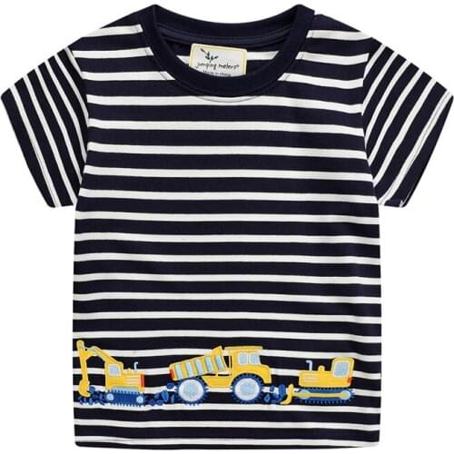 New Summer Cotton Boys Tees Tops With Cars Applique Hot Baby Stripe T shirts Embroidery Kids Clothing