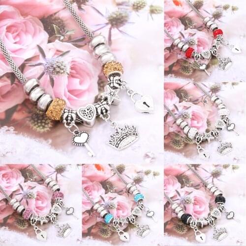 Antique Original Crown key lock Shape 6 colors Charm Necklace For Women Glass Beads Brand Sweater chain & Necklace DIY Jewelry