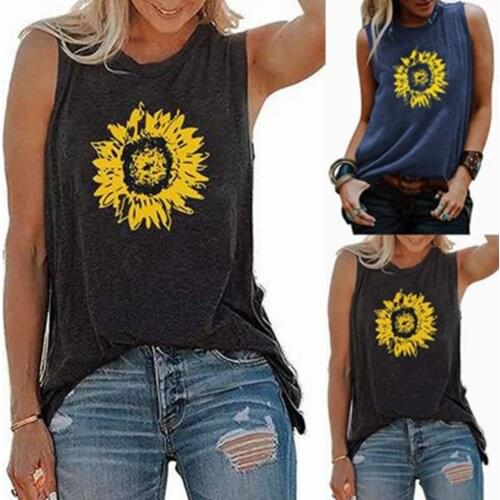 Casual Women T-shirt Summer Vest O Neck Polyester Sleeveless Sunflower Print Loose T-shirt Top Womens Clothing женские футболки