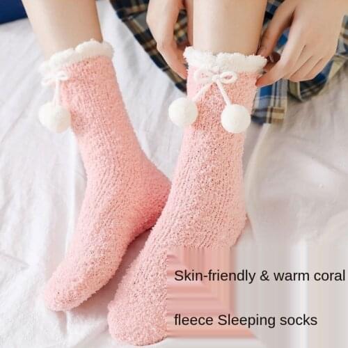 Hand-stitched small hair ball coral fleece socks cute European and American style sleep socks women socks
