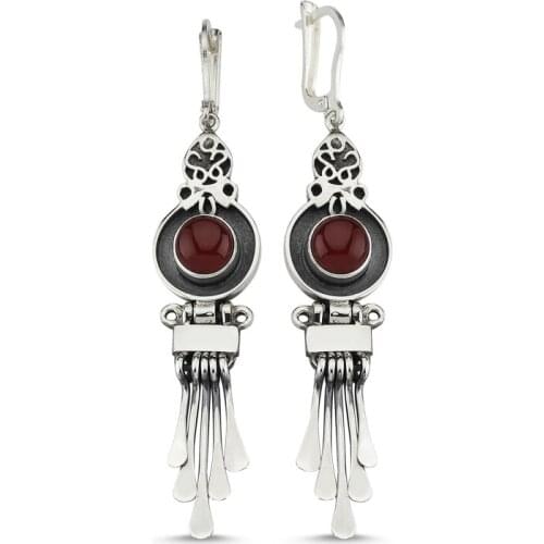 Silver 925 Sterling Red Agate Gemstone Dangle Hand Handwork Earrings