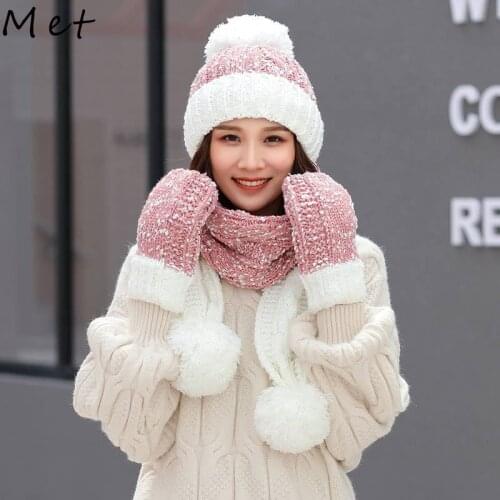 W10 Womens Winter Hat Woolen Cap Scarf Three-Piece Fashion Korean Trend Wild Cute Knitted Hat Thick And Warm Bubble Cold hat