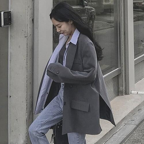 2020 Spring New Korea Fashion Women Loose Plus Casual Stitching Striped Double-breasted Short Blazer U613