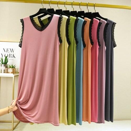 Fdfklak Korean V-Neck Lace Modal Lingere Women Nightgown Sleeveless Sleep Shirts Summer New Night Dress Loose Loungewear