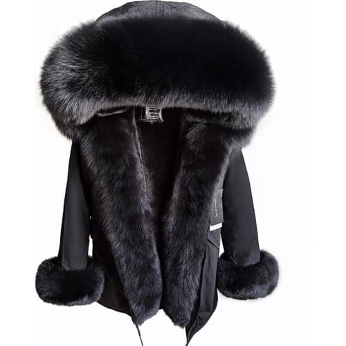 2021 Winter Jacket 7XL Women Real Fur Coat Black Natural Real Fox Fur Collar Loose Long Parkas Big Fur Outerwear Detachable