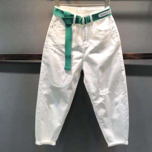 2020 summer new white high waist hole jeans women loose ankle length harem pants plus size