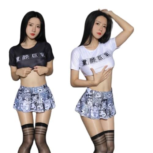 Woman Sukumizu Baby Face Big Breasts Night Clubwear 2pcs/Set Sexy Round-Neck Sweater Dew Half Chest Minicoat Mini-Skirt Lingerie