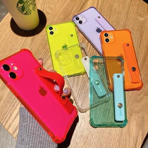 10pcs/lot Candy Transparent Wrist Strap Case For iPhone XS 7 8 Plus SE 2020 Kickstand Couple Cover For iphone 12 11 Pro Max X XR