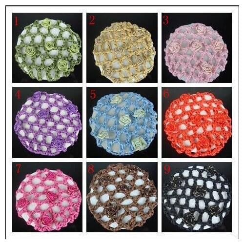 10PCS Mix Color Bun Cover Snood Hair Net Ballet Dance Skating Crochet Beautiful Colors Flower
