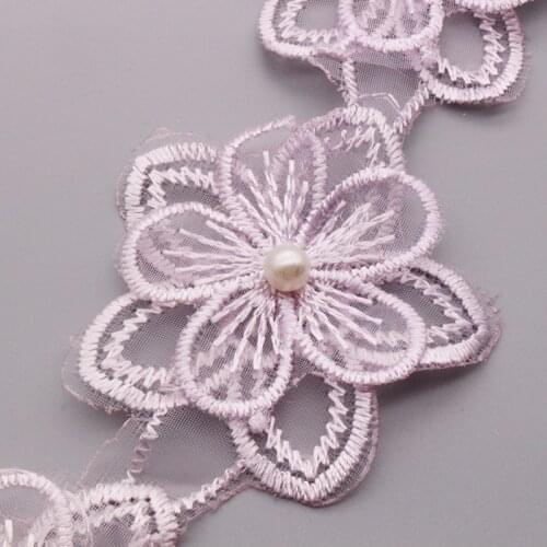 1Y Pink Daisy Flower Pearl Embroidered Lace Trim Ribbon Fabric Handmade DIY Sewing Craft for clothing dress Hat Skirt Decoration