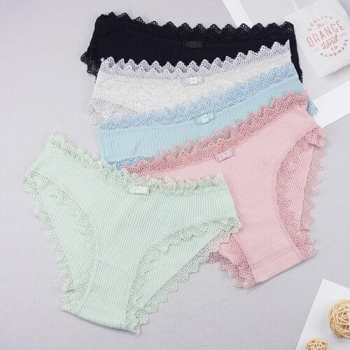 3pcs/lots Panties for Women Cotton Underpants Mid-rise M/L Briefs Thread Bow Lady Breathable Pants Solid Color Shorts