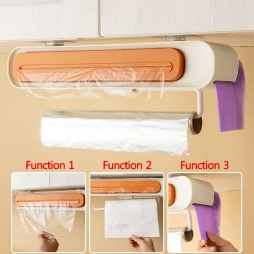 Three-In-One Plastic Wrap Dispenser Garbage Bag Organizers Storage Paper Towel Holders Kitchen Storage Box Cutter Light Luxury