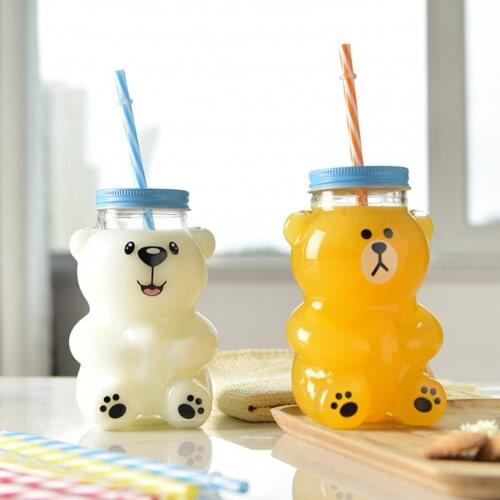 500ml Cartoon Bear Design Straw Cup Glass Water Bottle Cup with Straw Tumbler Cup Milk Water Drinking Cup Tumblers Mug Drinkware