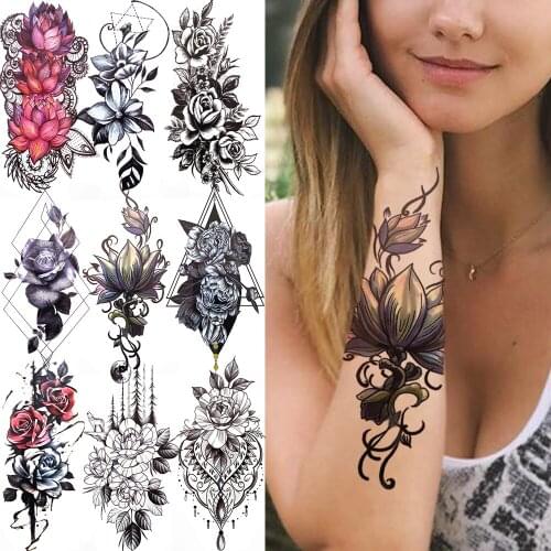 Watercolor Lotus Fake Flower Temporary Tattoo Black Lily Peony Rose Dahlia Geometric Tattoo Sticker For Women Adult Tatoo Sheets