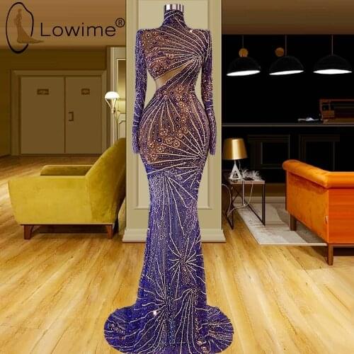 Arabic Muslim Long Sleeves Purple Mermaid Evening Dresses 2021 Dubai High Neck Illusion Luxury Beading Party Prom Gowns