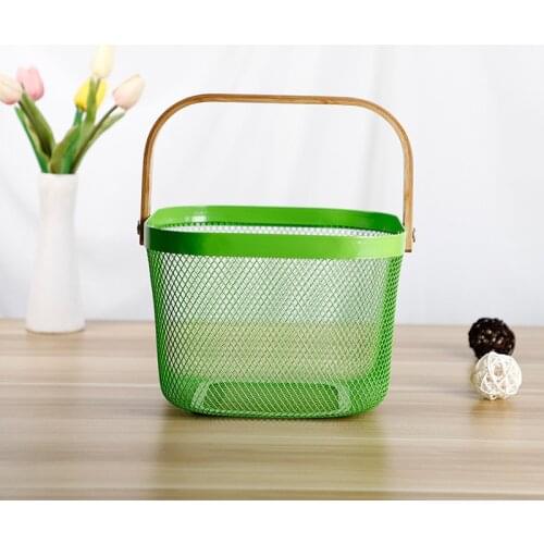 Home storage basket Fruit basket frame white green bamboo handle metal small basket with hollow drain