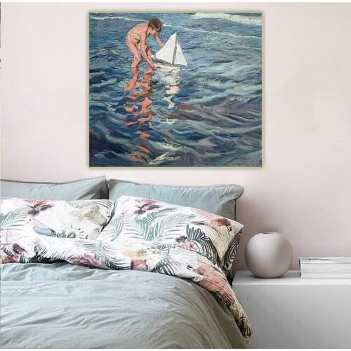 Holover Canvas Oil Painting Joaquin Sorolla"The Little Sailing Boat"Naturalism Aesthetic Poster Backdrop Home Room Decoration