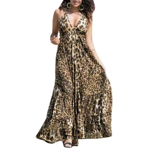 70% Hot Sell Sexy Summer Beach Women Deep V Spaghetti Strap Leopard Print Backless Maxi Dress