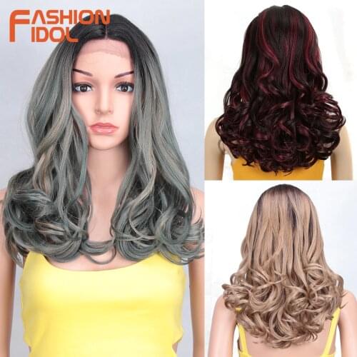 FASHION IDOL Deep Wave Cosplay Wigs Synthetic Natural Hair Wavy Heat Resistant Fiber Lace Wig 20 Inch 0mbre Brown Wigs For Women