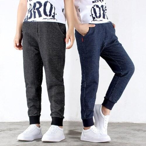 INS Hot Boys Trousers 4-14 Years Old Knitted Denim 100% Cotton Pants Sports Leisure Cargo Pants Leg Korean Fashion Outwear