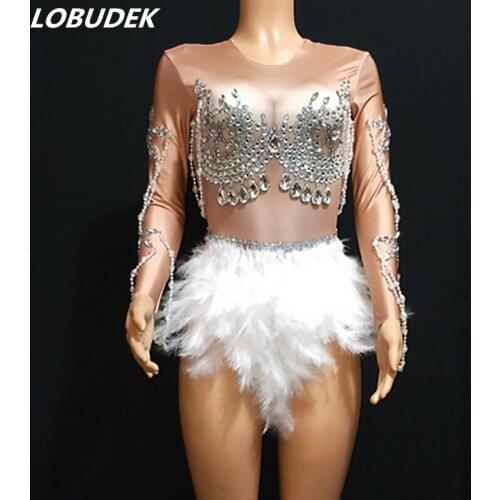 Nightclub Party Show Sexy Stage Wear Sparkly Rhinestones Feathers Bodysuit Bar DJ Singer Pole Dancing Costumes Elastic Leotard