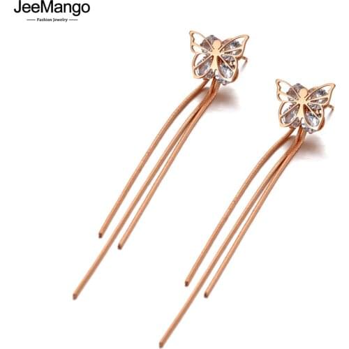 JeeMango Trendy Bohemia Butterfly Long Tassel Animal Earrings For Women Girls Titanium Steel CZ Crystal Party Earrings JE20144