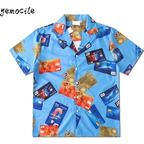 Hi hop Harajuku Men Wear Summer Casual Beach Shirts Loose Short Sleeve Shirt Street wear Credit card Japanese shirts for Men