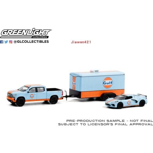 NEW GreenLight 1:64 2021 Chevrolet silverado &2021 chevrolet corvette stingray whh enclosed car hauler Gulf Oil Alloy car model