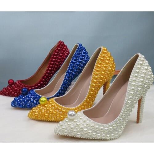 2020 New Arrival White Beads Pearl women wedding shoes Bridal High heels shoes ladies super big size party dress shoes woman