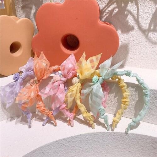 2021 New Sweet Girl Princess Fashion Folds Hair Accessories Childrens Simple Cute Plaid Yarn Bow Ball Hairband Kids Headdress
